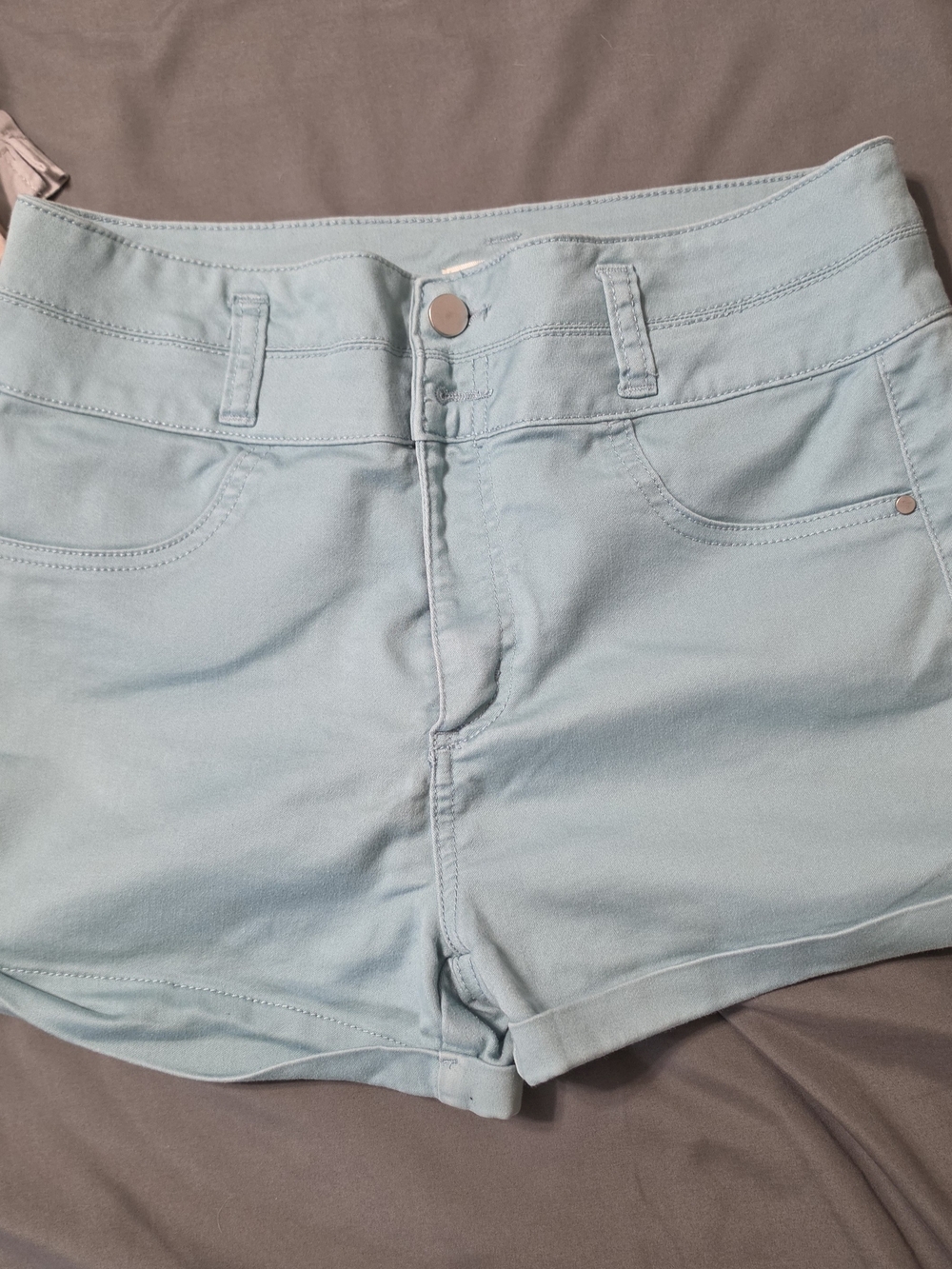 love, Fire Pastel Blue High-Waist Stretch Denim Shorts